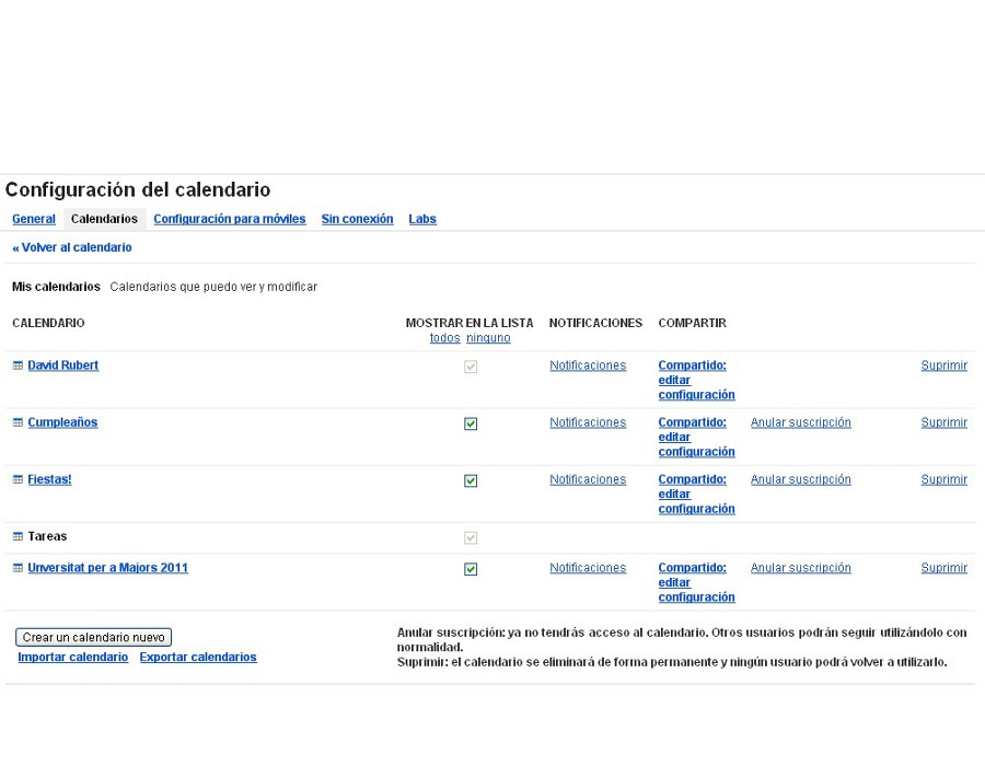 Lista de calendarios y acceso a su configuración